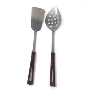 Vintage Maroon Bakelite Style Handles Stanhome Spatula & Large Slotted Spoon Set